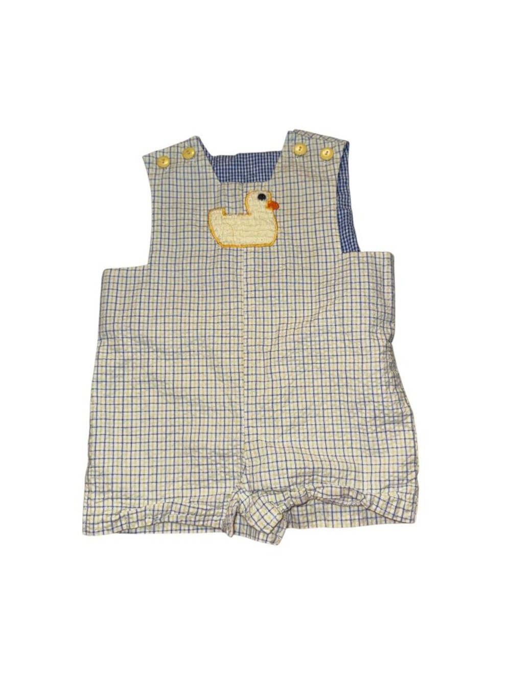 Kracker Jack Kids 9 Mo Baby Romper Yellow & Blue Plaid Duck Embroidery 100% Cott